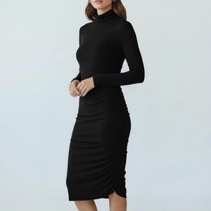 NWT Halogen Black Long Sleeve Ruched Midi Dress Womens XS Mock Neck Bodycon